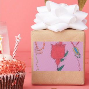 Sticker Rectangulaire Rose rouge sur rose : Art Floral Frontière Imprime