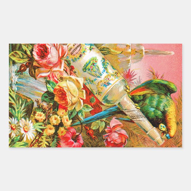 Sticker Rectangulaire Rose vintage et perroquet (Devant)