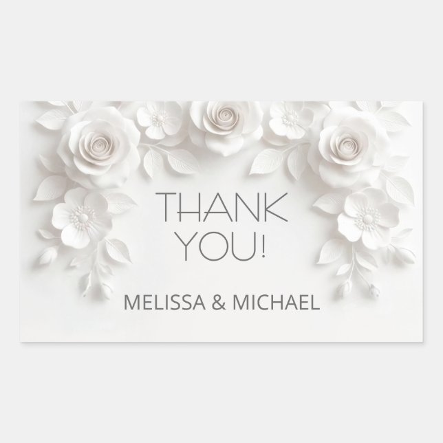 Sticker Rectangulaire Roses 3D blanches Mariage Merci (Devant)