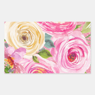 Sticker Rectangulaire Roses aquarelles en rose et crème avec paillettes