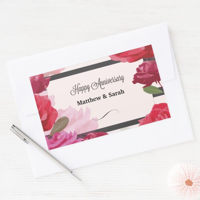 Sticker Rectangulaire Roses de l'anniversaire du mariage, bandes, noms p (Enveloppe)
