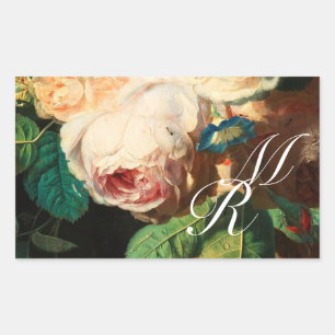 STICKER RECTANGULAIRE ROSES ROSES ROSES ROSES ROSES BLANCHES ET MONOGRAM