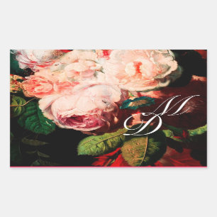 STICKER RECTANGULAIRE ROSES ROSES ROSES ROSES ROSES BLANCHES ET MONOGRAM