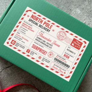 Sticker Rectangulaire Rouge Blanc de Noël Livraison du Pôle Nord de Sant