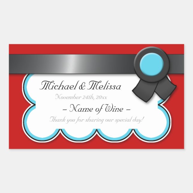 Sticker Rectangulaire Rouge et Turquoise, Mariage noir  de bouteilles de (Devant)