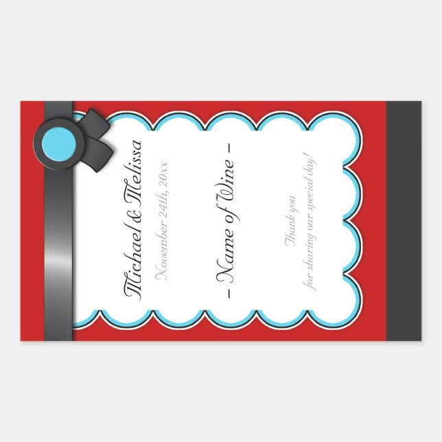 Sticker Rectangulaire Rouge et Turquoise, Mariage noir  de bouteilles de (Devant)