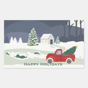 Sticker Rectangulaire Route hivernale camion rouge Noël