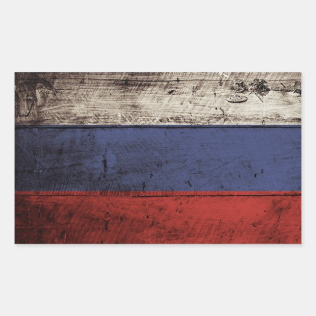 Sticker Rectangulaire Russia Flag on Old Wood (Devant)