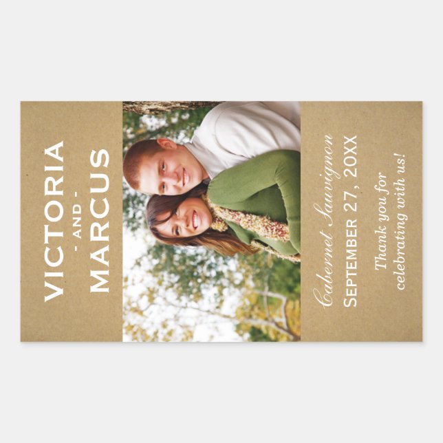 Sticker Rectangulaire Rustic Kraft Mariage Monogramme Photo Vin Favorise (Devant)