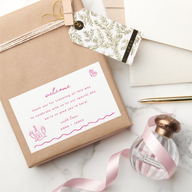 Sticker Rectangulaire Sac de bienvenue Mariage de gribouillage rose (Cadeaux)
