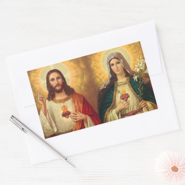 Sticker Rectangulaire Sacré-Cœur de Jésus et Marie (Enveloppe)
