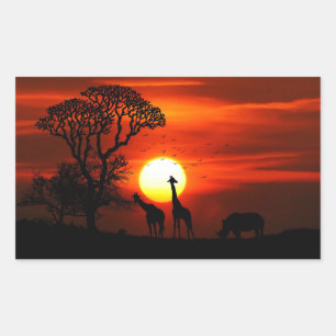 Sticker Rectangulaire Safari Africain Sunset Animal Silhouettes