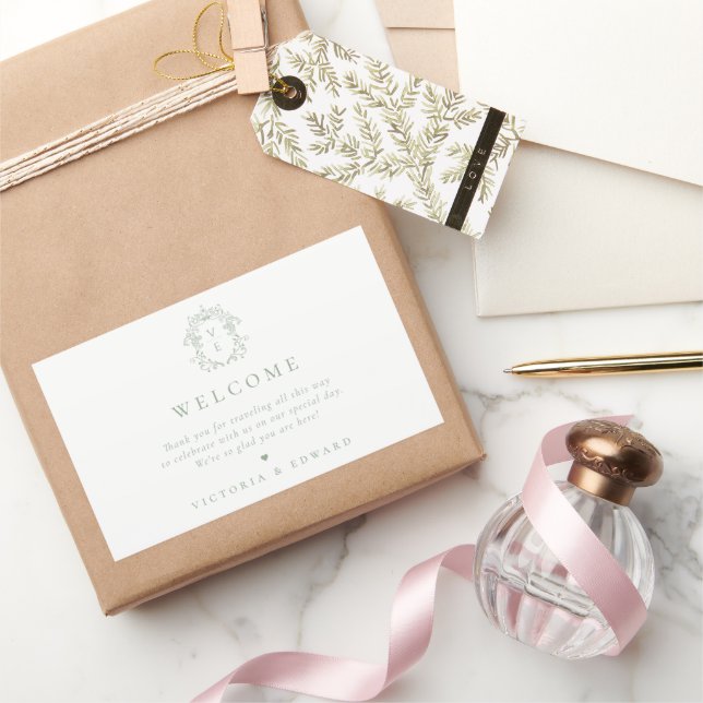 Sticker Rectangulaire Sage Green Crest Monogramme Mariage Bienvenue (Cadeaux)