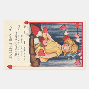 Sticker Rectangulaire Saint-Valentin mignon vintage, Fille avec des cœur