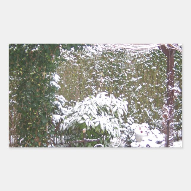 Sticker Rectangulaire Saison de Noël, Neige dans le jardin (Devant)