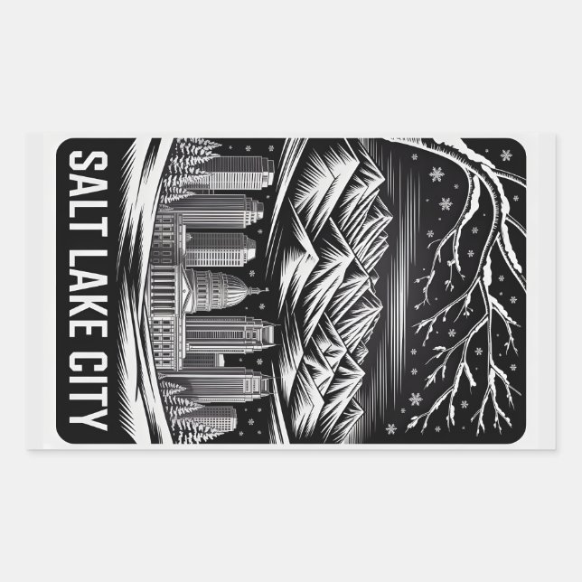 Sticker Rectangulaire Salt Lake City Skyline Black and White Woodcut  (Devant)