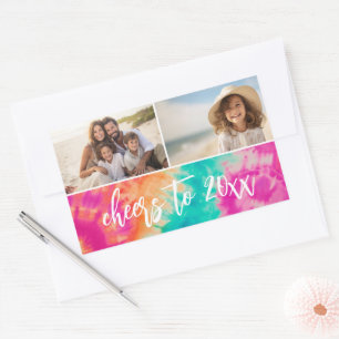 Sticker Rectangulaire Salutations au Nouvel An Cravate-Dye Photo Turquoi