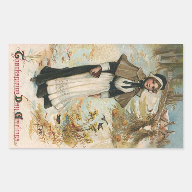 Sticker Rectangulaire Salutations de jour de Thanksgiving avec une femme (Devant)