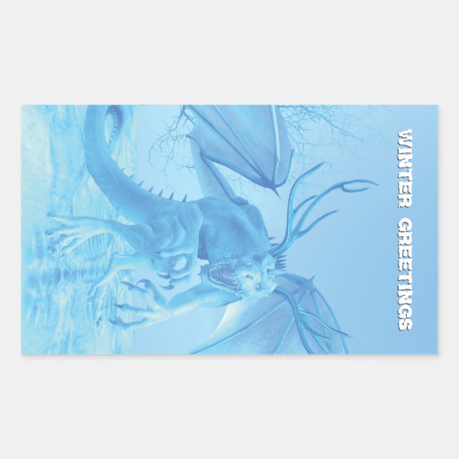 Sticker Rectangulaire Salutations d'hiver. Dragon de glace avec bois (Devant)