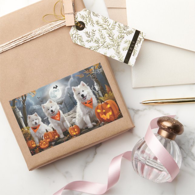 Sticker Rectangulaire Samoyed Halloween Éffrayant (Cadeaux)