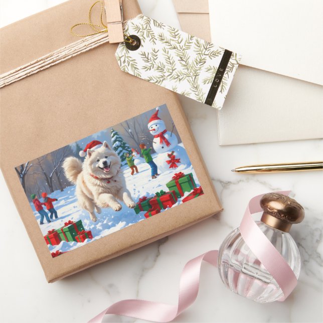 Sticker Rectangulaire Samoyède courant dans la neige avec un chapeau de  (Cadeaux)