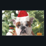 Sticker Rectangulaire Santa Hat Bulldog Christmas Tree Snowman boîte cad<br><div class="desc">Mignonne photo Bulldog avec boîte cadeau de Noël Tree Snowman en arrière - plan. Un cadeau parfait pour Noël !</div>