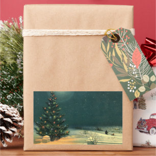 Sticker Rectangulaire Sapin de Noël vintage la nuit avec des lumières et