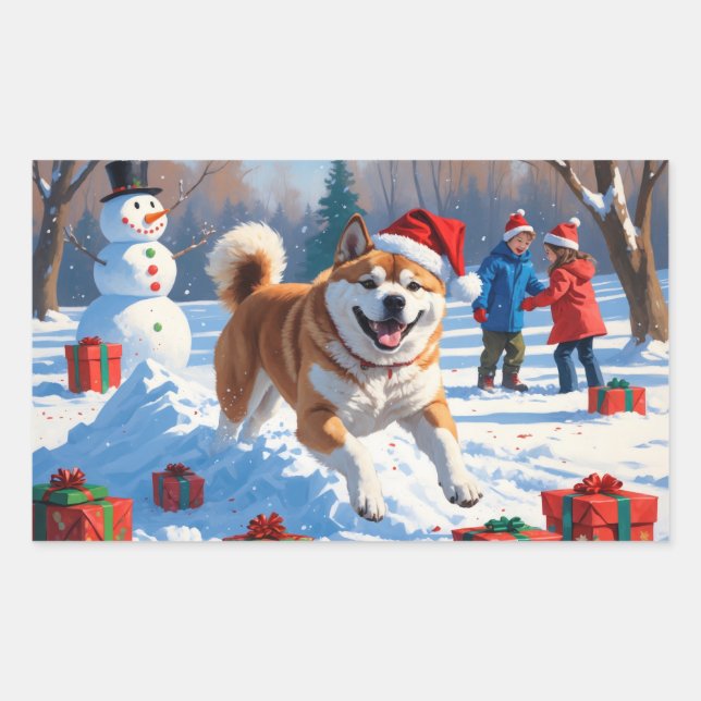 Sticker Rectangulaire Scène de neige festive d'Akita Noël  (Devant)