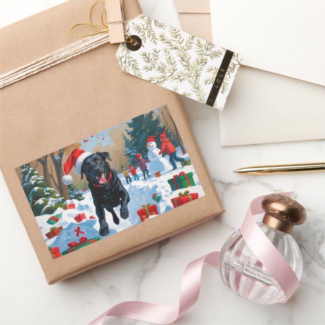 Sticker Rectangulaire Scène de neige festive de Noël avec Labrador noir (Cadeaux)