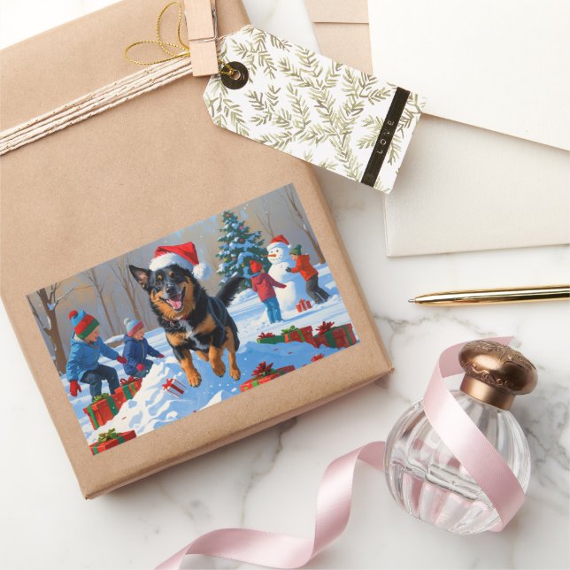 Sticker Rectangulaire Scène de neige festive de Noël avec Malinois Belge (Cadeaux)