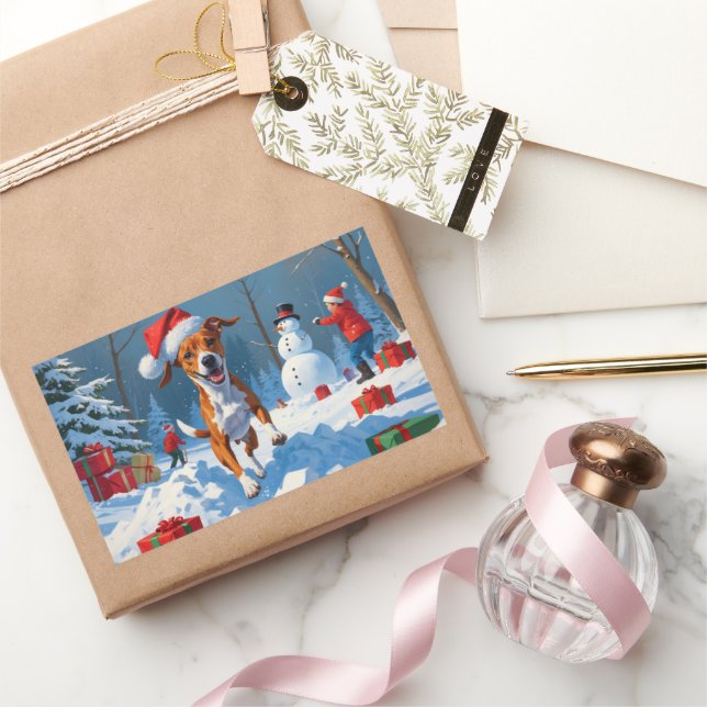 Sticker Rectangulaire Scène de neige festive de Noël avec un Basenji (Cadeaux)