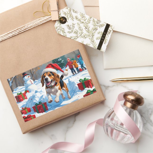 Sticker Rectangulaire Scène de neige festive de Noël avec un Beagle (Cadeaux)