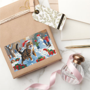 Sticker Rectangulaire Scène de neige festive de Noël avec un chat Bengal