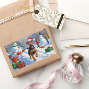 Sticker Rectangulaire Scène de neige festive de Noël d'Airedale