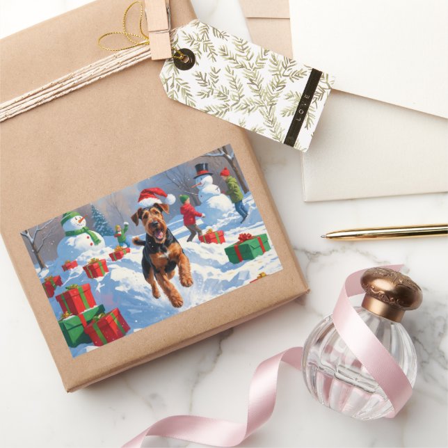 Sticker Rectangulaire Scène de neige festive de Noël d'Airedale (Cadeaux)