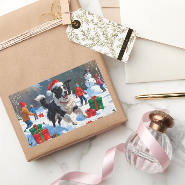 Sticker Rectangulaire Scène de Noël festive Border Collie dans la neige (Cadeaux)