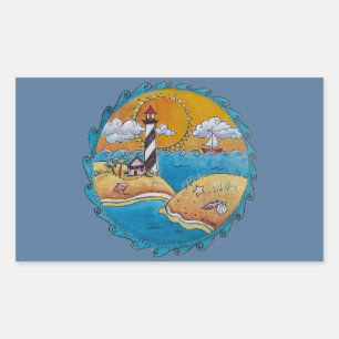Sticker Rectangulaire Scène de plage de phare fantaisiste, art folkloriq