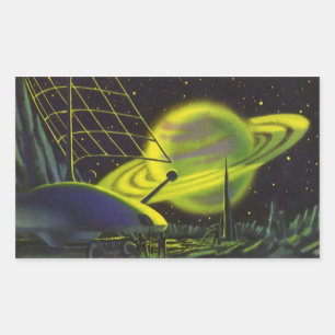 Sticker Rectangulaire Science-fiction vintage Neon Green Planet w Rings