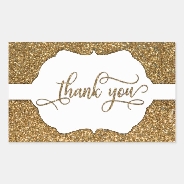 Sticker Rectangulaire Script Merci, Paillettes Dorées & Bande Ornée (Devant)