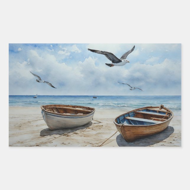 Sticker Rectangulaire "Seabreeze Serenade". Couleur Serene Boat Scène (Devant)