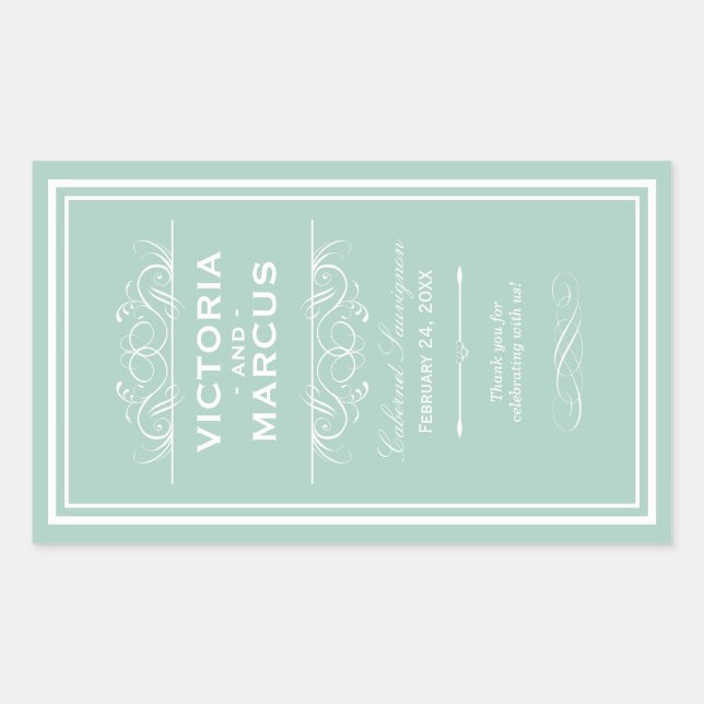 Sticker Rectangulaire Seafoam Green Mariage élégant Monogramme Bouteille (Devant)