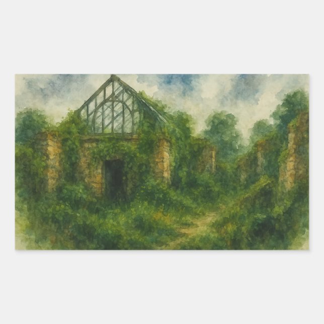 Sticker Rectangulaire Serre surélevée en ruines Aquarelle Art Imprimer (Devant)