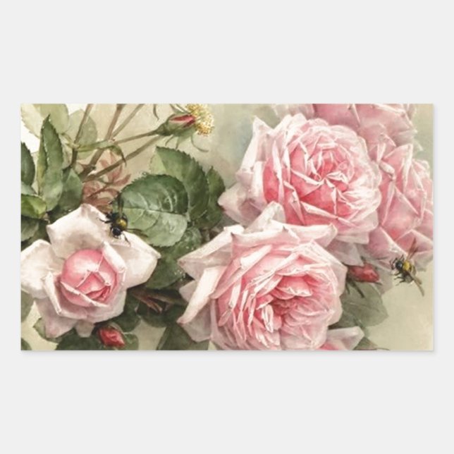 Sticker Rectangulaire Shabby Chic Rose Roses victoriens (Devant)