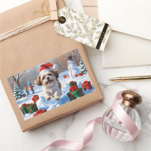 Sticker Rectangulaire Shih Tzu courant dans la neige avec un chapeau de 