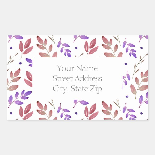 Sticker Rectangulaire Sienne mixte, Aquarelle violette Feuilles étiquett (Devant)