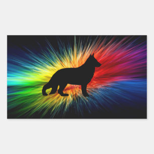 Sticker Rectangulaire Silhouette de Berger Allemand sur Explosion d'Arc-