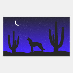 Sticker Rectangulaire Silhouette de loup hurlant dans le désert la nuit