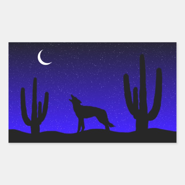 Sticker Rectangulaire Silhouette de loup hurlant dans le désert la nuit (Devant)