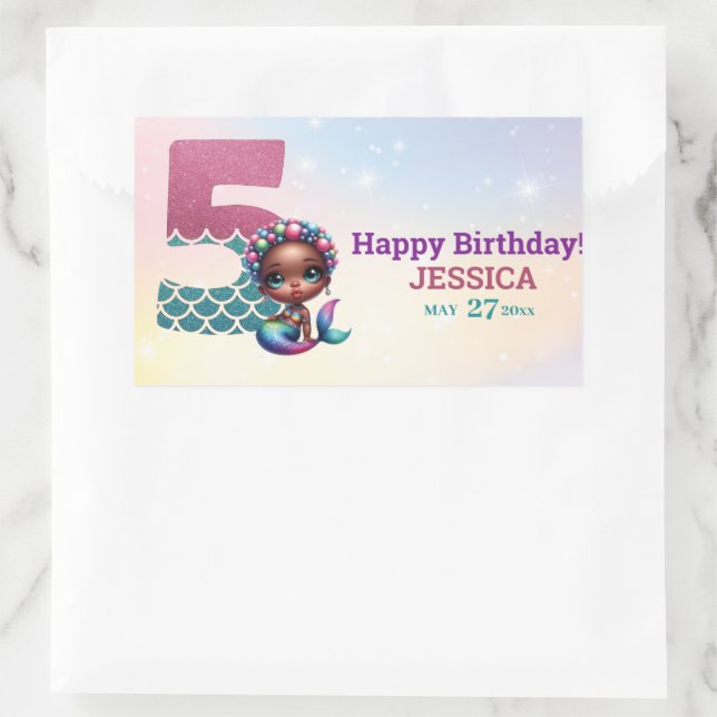 Sticker Rectangulaire Sirène Africaine Américaine 5E Anniversaire (Sac)