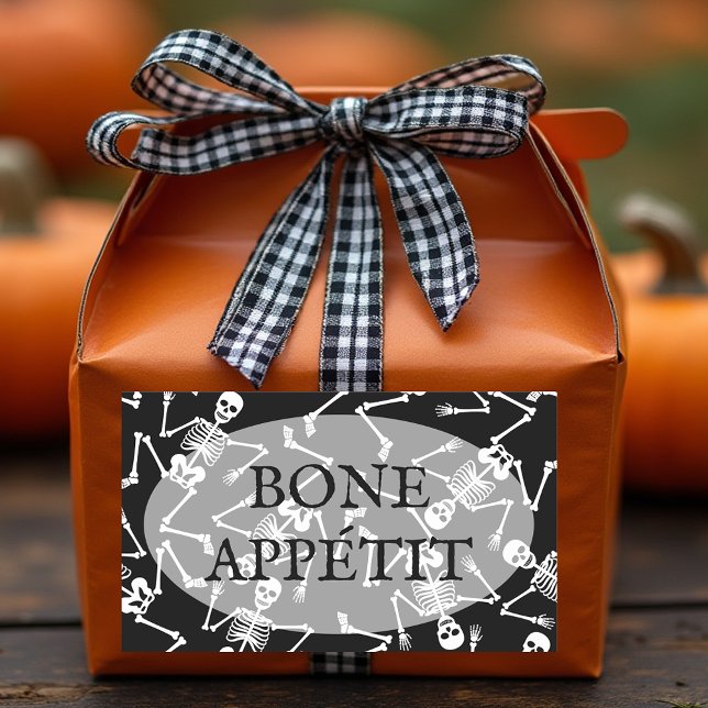 Sticker Rectangulaire Skeletons BONE APPÉTIT (BONE APPÉTIT rectangular black stickers with dancing skeletons)